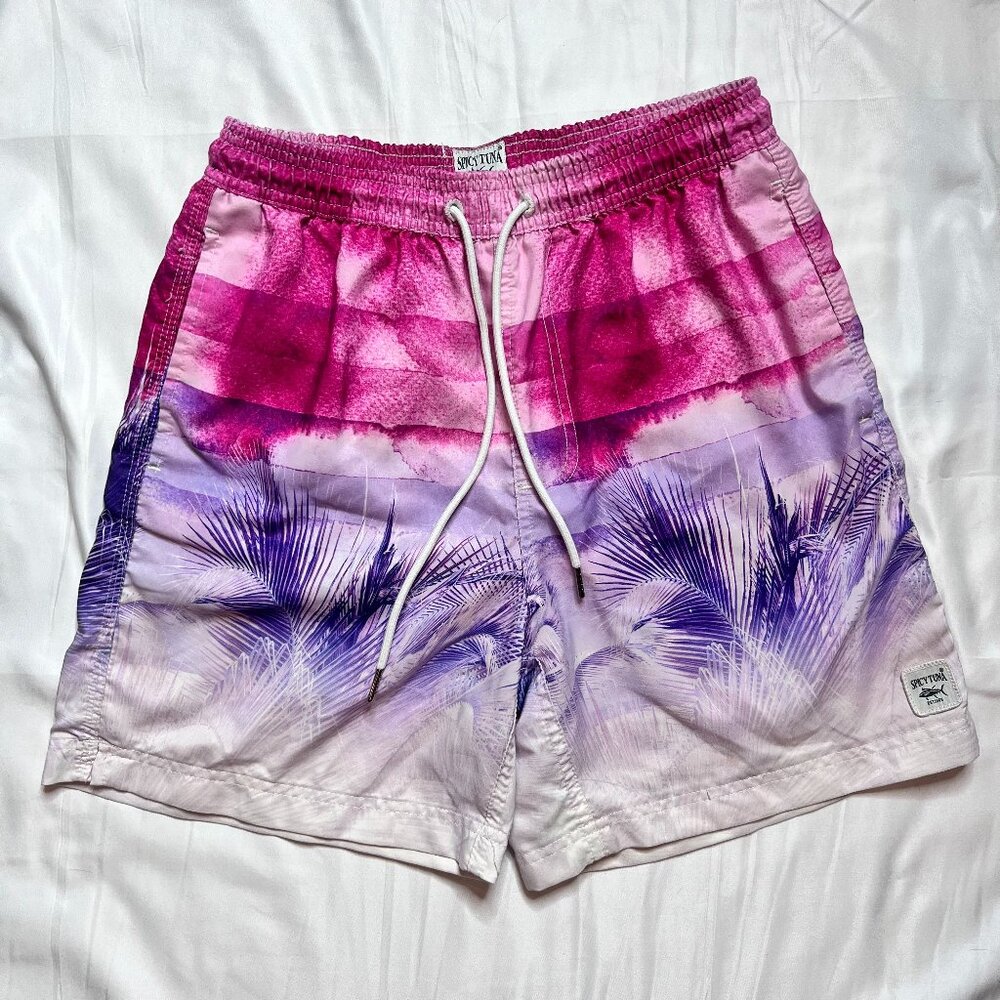 Spicy Tuna Men's Small Swim Trunks Pink and Purple w/ Pockets & Tie - Imperfect